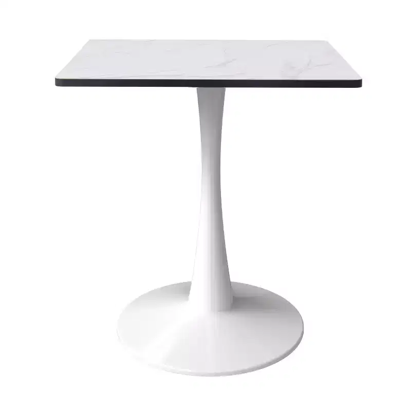 LeisureMod Bristol Square Dining Table with Marbled White MDF Top and White Steel Pedestal Base for Modern Kitchen and Dining Room