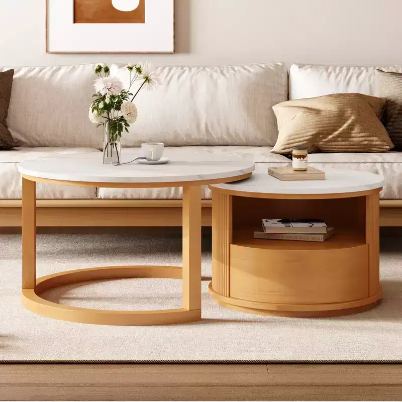 Modern Nesting Coffee Table with Drawer, Round Center Table with storage for Living Room