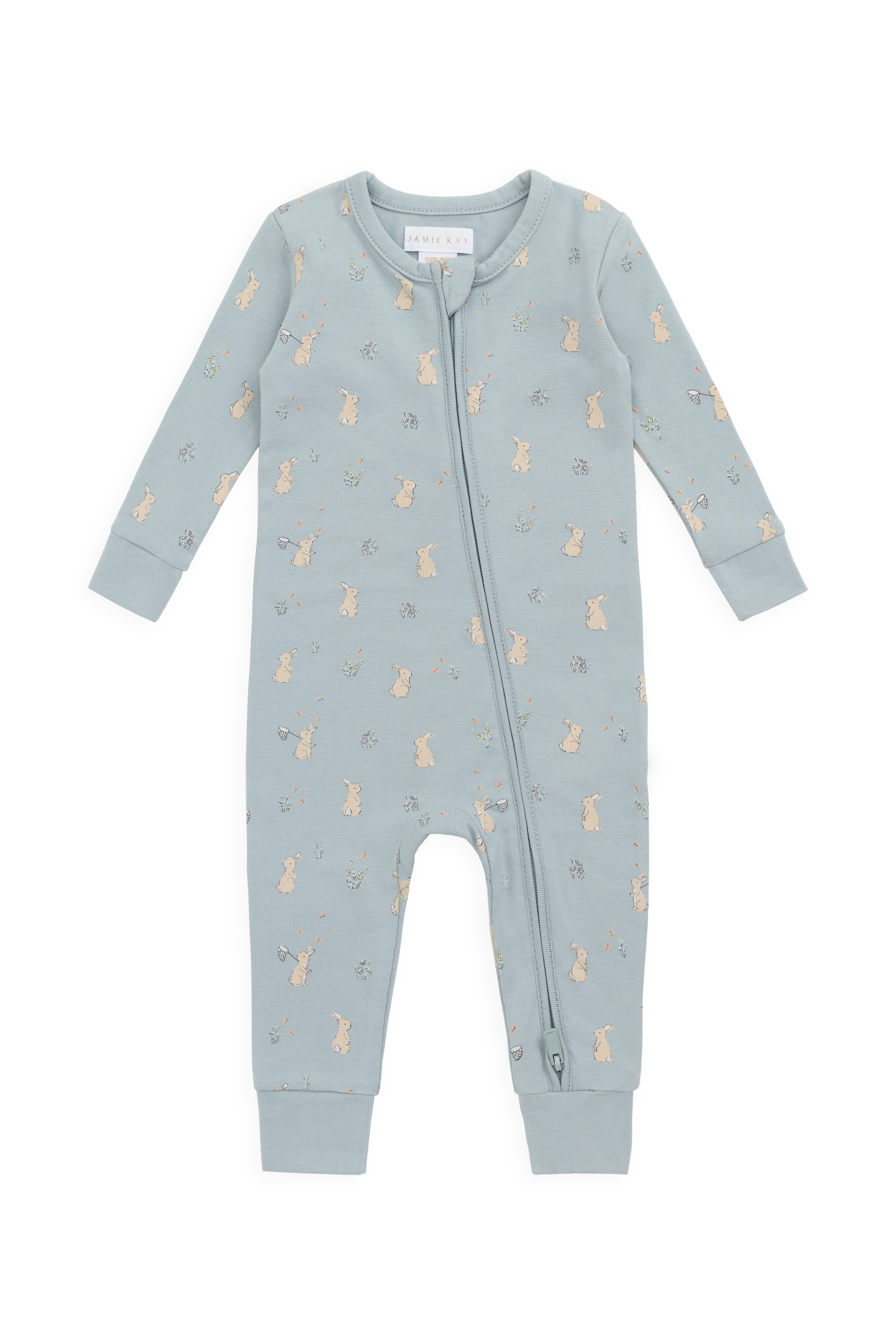 Dreamy Blue Bunny Garden Print Organic Cotton Onepiece with Front Zip Gentle Stretch for Babies 0M–3Y