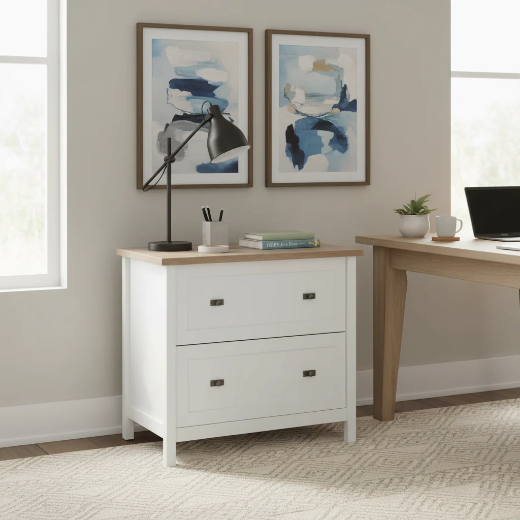 White 2-Drawer Lateral File Cabinet with Oak Accent Top, Single-User