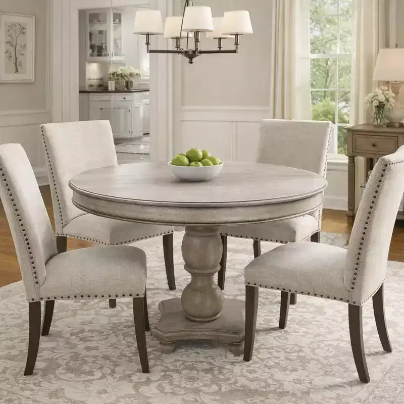 Royal Hampton 42 Inch Handcrafted Mango Wood Dining Table, Pedestal Base, Round Molded Top