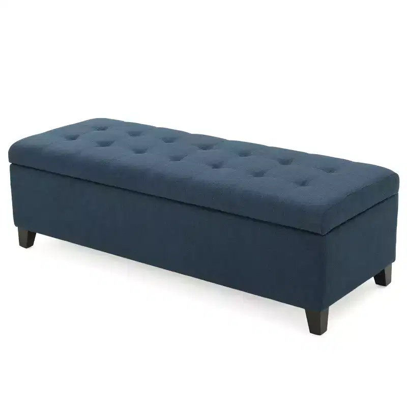 Okak Upholstered Storage Ottoman with Tufted Waffle Stitching, Storage Bench with Wooden Legs, Entryway Bench for Living Room, Navy Blue