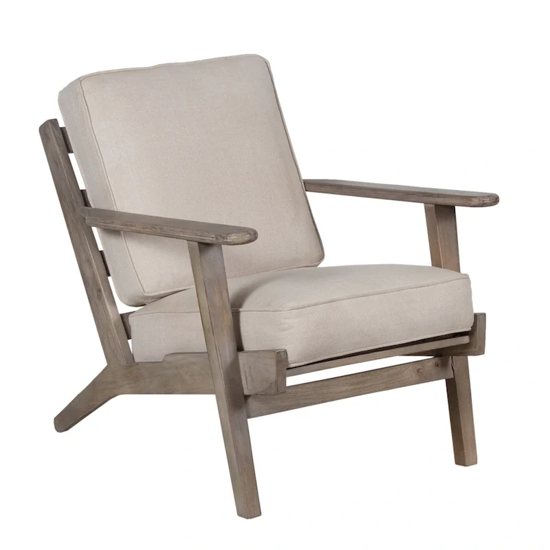 Amber Accent Chair, Handcrafted Slatted Mango Wood, Buffalo Leather Cushions, Angled Legs