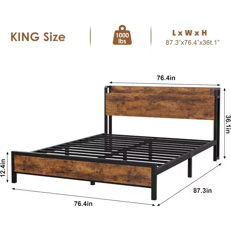 King Size Bed Frame with Charging Station and USB Ports, Industrial King Bed Platform with Headboard, 2-Tier Storage Bedframe,Brown
