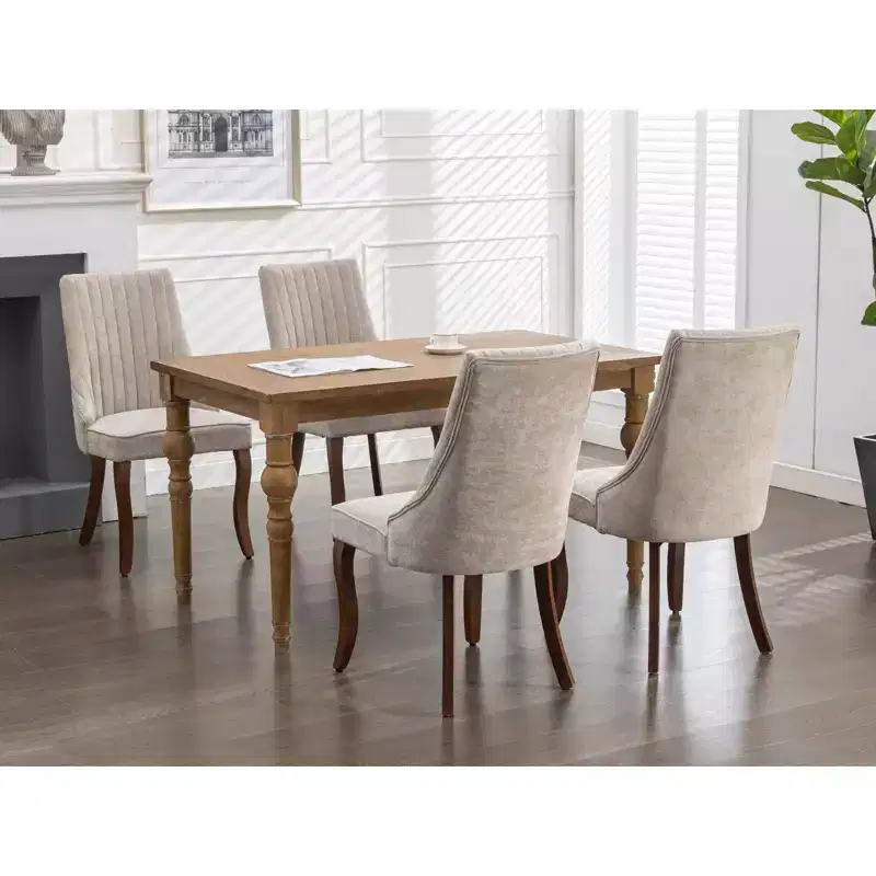 Okak Flocking Linen Dining Chairs Set of 2, Modern Kitchen Chairs with Comfy Fabric Upholstered, Accent Chairs with Curved Solid Wood Legs