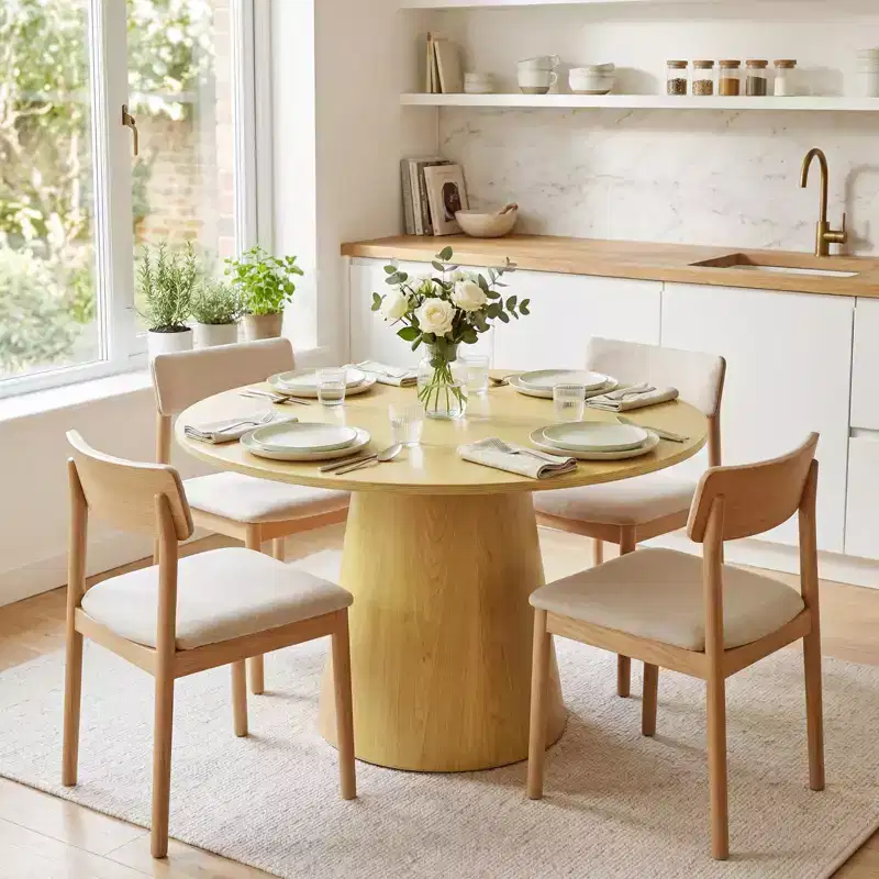 43 Round Wood Dining Table for 4, Modern Space-Saving Kitchen Table with Pedestal Base