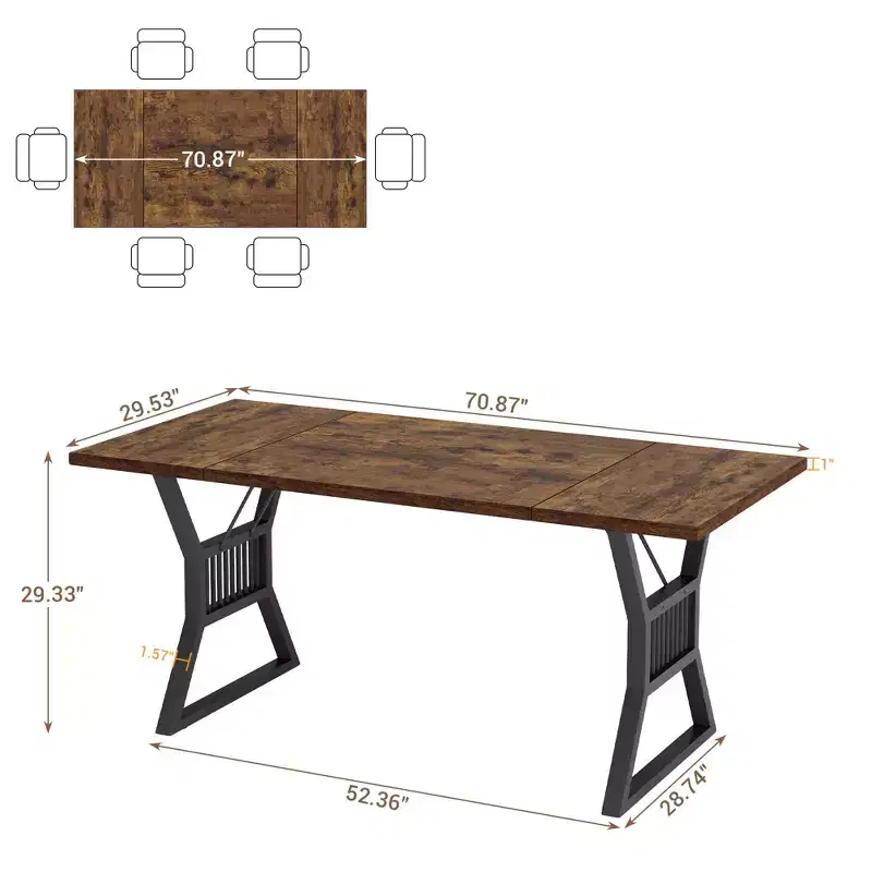 70.8 Inch Farmhouse Dining Table, Rectangular Wooden Kitchen Table with Sturdy Metal Legs, Seats 4-6, Ideal for Dining Room or Living Room