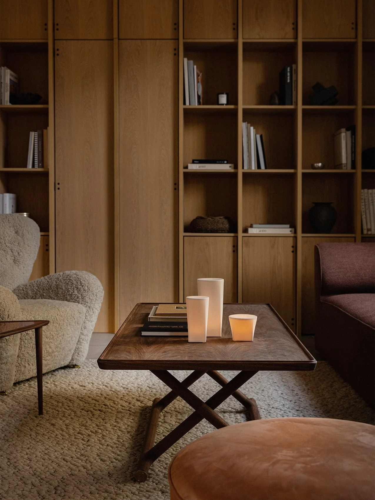 Oak & Brass Foldable Lounge Table with Brass Fittings for Living Room