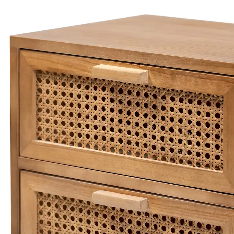 Baxton Studio Baden Mid-Century Modern Walnut Brown Finished Wood 2-Drawer End Table with Rattan