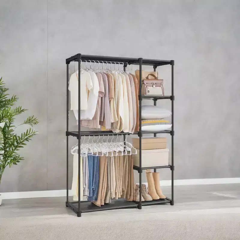 Portable Closet Organizer Freestanding, 44.1 x 16.9 x 65 In Clothes Rack System with Shelves and Hanging Rods for Bedroom and Cloakroom