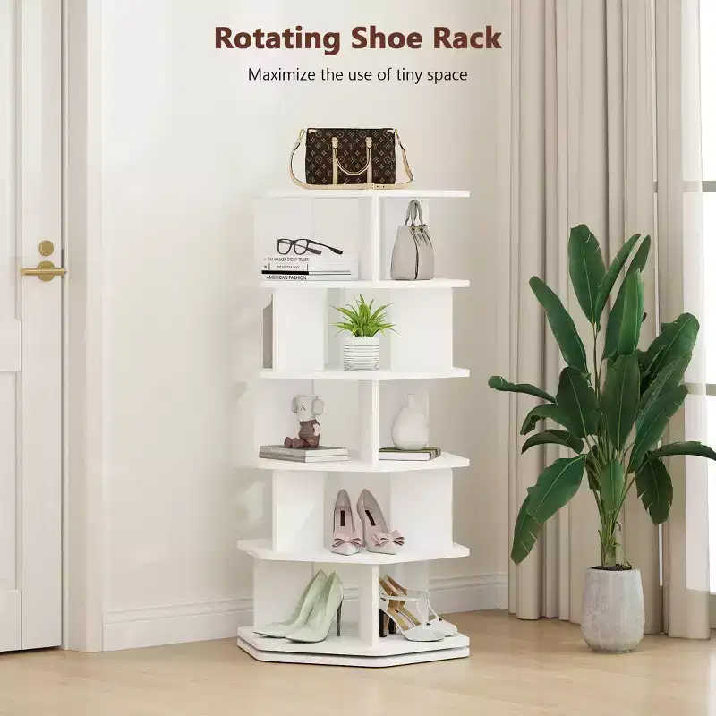 360 Rotating Shoe Rack - 5 & 7 Tier Hexagon Spinning Shoe Organizer, Black & White