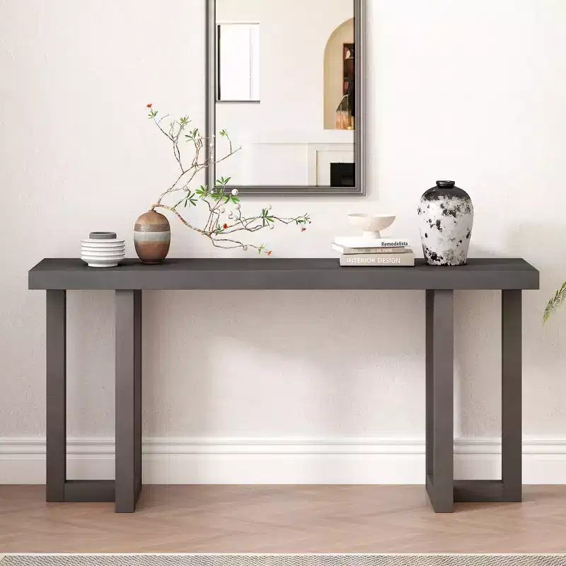 63'' Modern Console Table with Geometric Patchwork Top, Entryway Table with Solid Pine Legs, Foyer Table for Living Room, Hallway, Entryway
