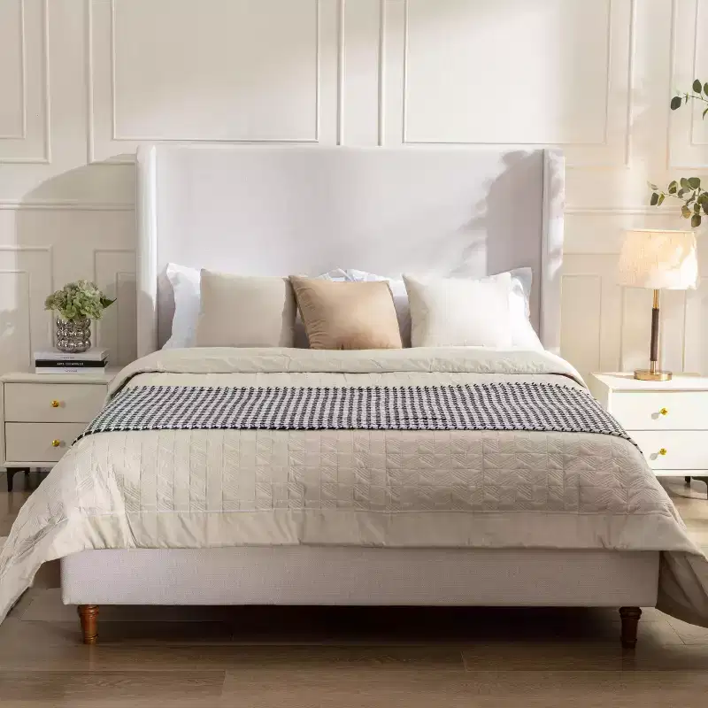 GDFStudio Delia 54 Headboard Chenille Upholstered Wingback Bed with Solid Wood Legs, Box Spring Required