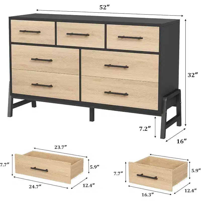 52 Storage Cabinet with 7 Drawers, Wooden Pantry Cupboard with Metal Handles & Legs, Freestanding Organizer for Living Room, Bedroom, Office