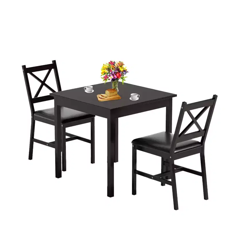 FDW 3/5-Piece Dining Table Set with Solid Pine Wood Construction and Faux Leather Chairs, Dark Brown