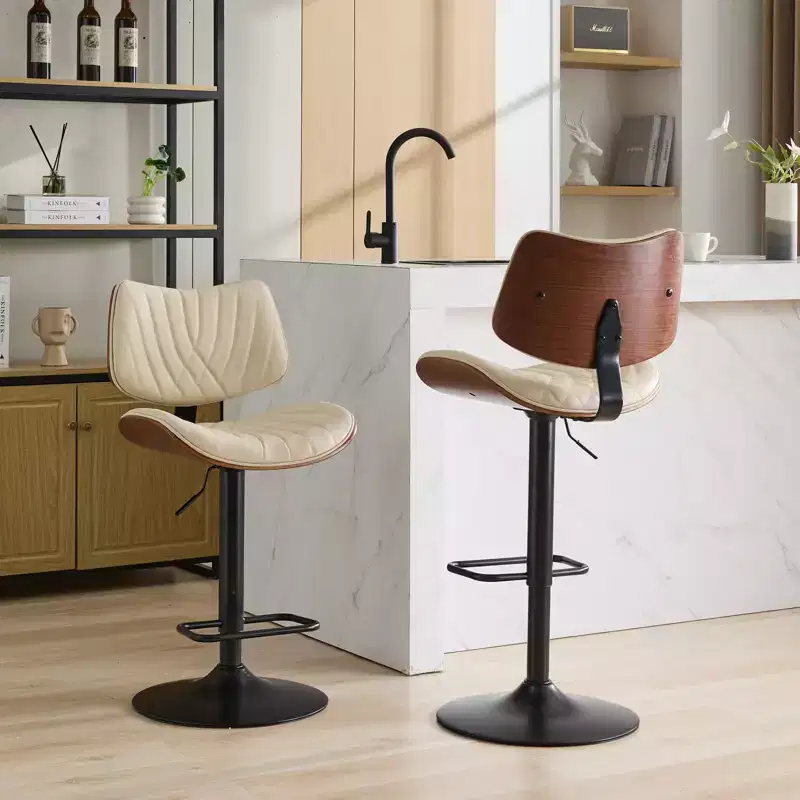 Set of 2 360 Swivel Bar Stool Height Adjustable Counter Stool Dining Chair Pub Kitchen Stool, Walnut+Black/Beige - ModernLuxe