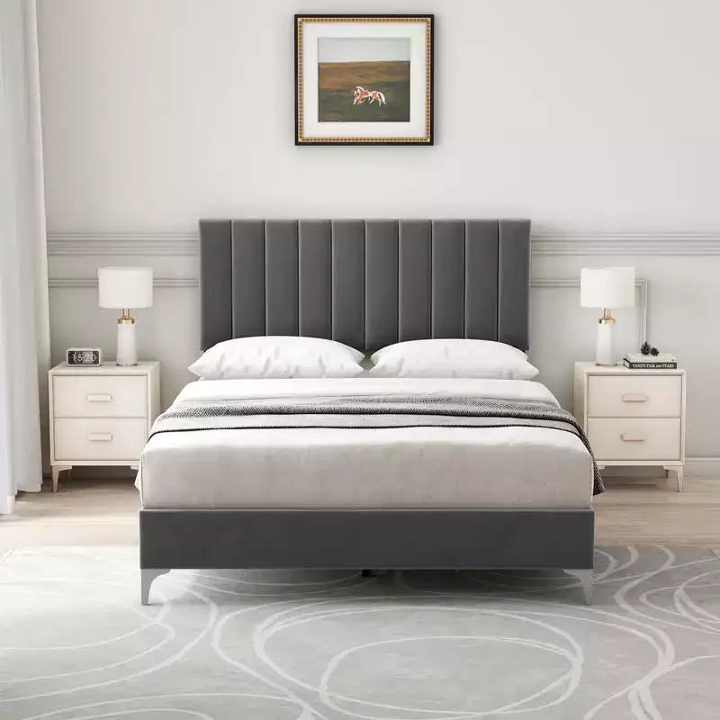 Garvee Velvet Full/Queen Bed Frame, Adjustable headboard, Wooden slats, No Box Spring. Easy Assembly, Gray