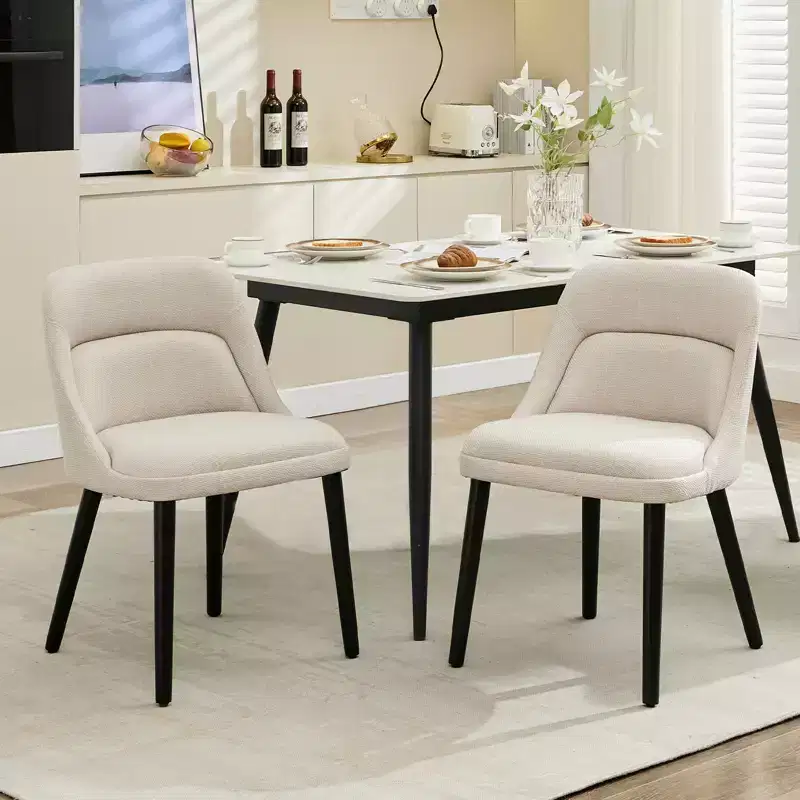 Set of 2 Dining Chairs with Wood Legs, Upholstered Linen Fabric for Kitchen, Dining Room, Cafe, Living Room
