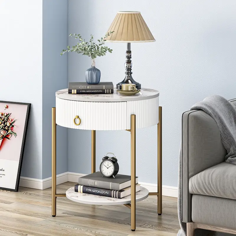 Round End Table with Drawer and Open Shelf, Faux Marble Top, Metal Legs, Nightstand for Bedroom or Living Room
