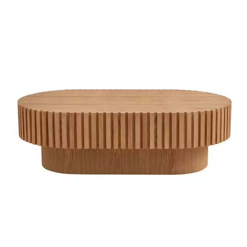 Modern Oval Wooden Coffee Table with Textured Fluted Design for Living Room and Small Spaces, Natural Oak