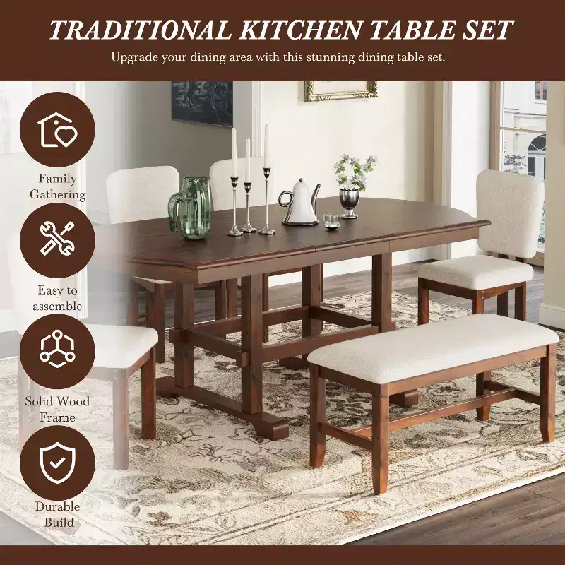 ModernLuxe 6 Piece Extendable Dining Table Set for 6, Traditional Dining Set Kitchen Table Set with 4 Upholstered Dining Chair & Bench, Espresso+Beige