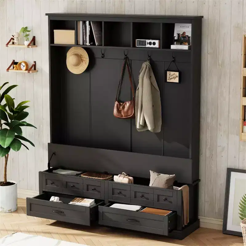 Okak Elegant Hall Tree with 5 Hooks, Wide Coat Rack with Lift-Top Storage Bench and 2 Drawers, Coat Tree for Living Room, Hallway, Black