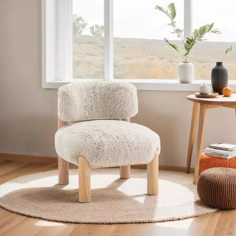 Modern Faux Fur Accent Chair with Wooden Legs