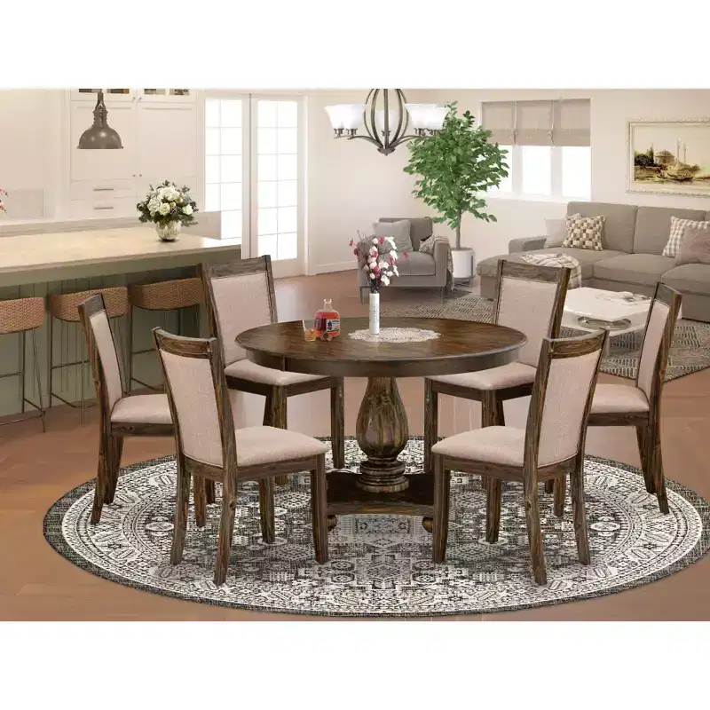 HomeStock 7 Piece Round Dining Set Dark Khaki Linen Fabric Chairs