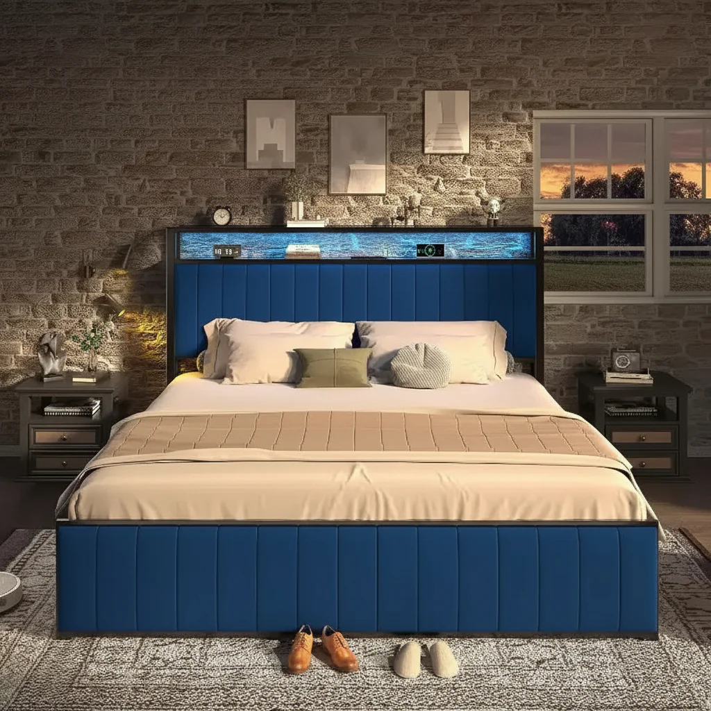 LED Bed Frame with Foldable Ottoman and Charging Station