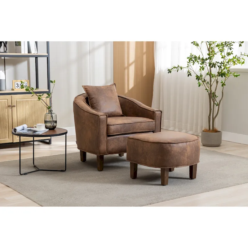 Mid-Century Upholstered Barrel Accent Round Arm Chair with Ottoman