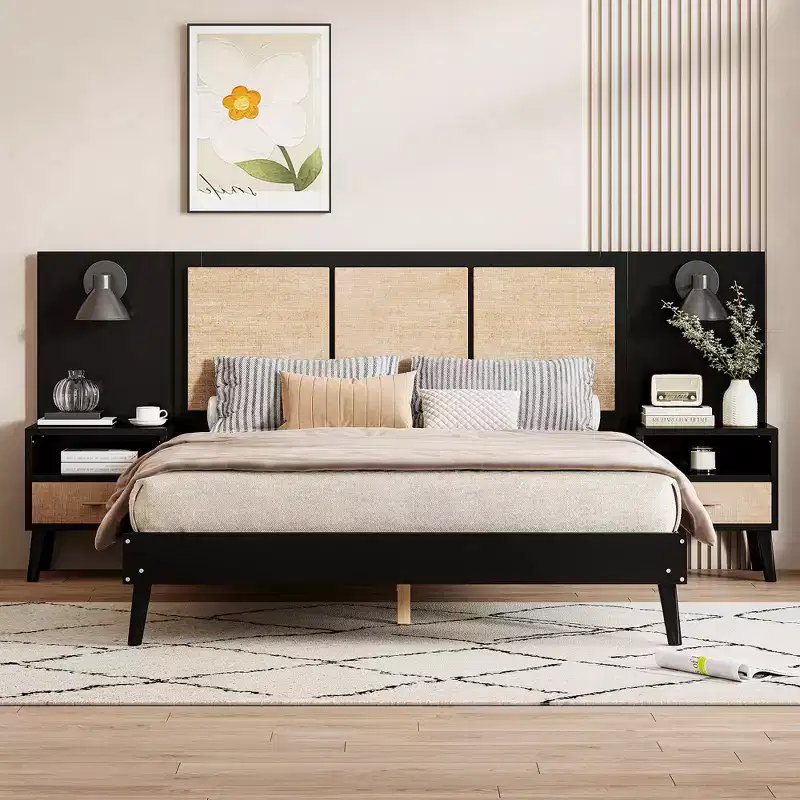 Whisen Queen Size Solid Wood Bed Frame with 2 Nightstands