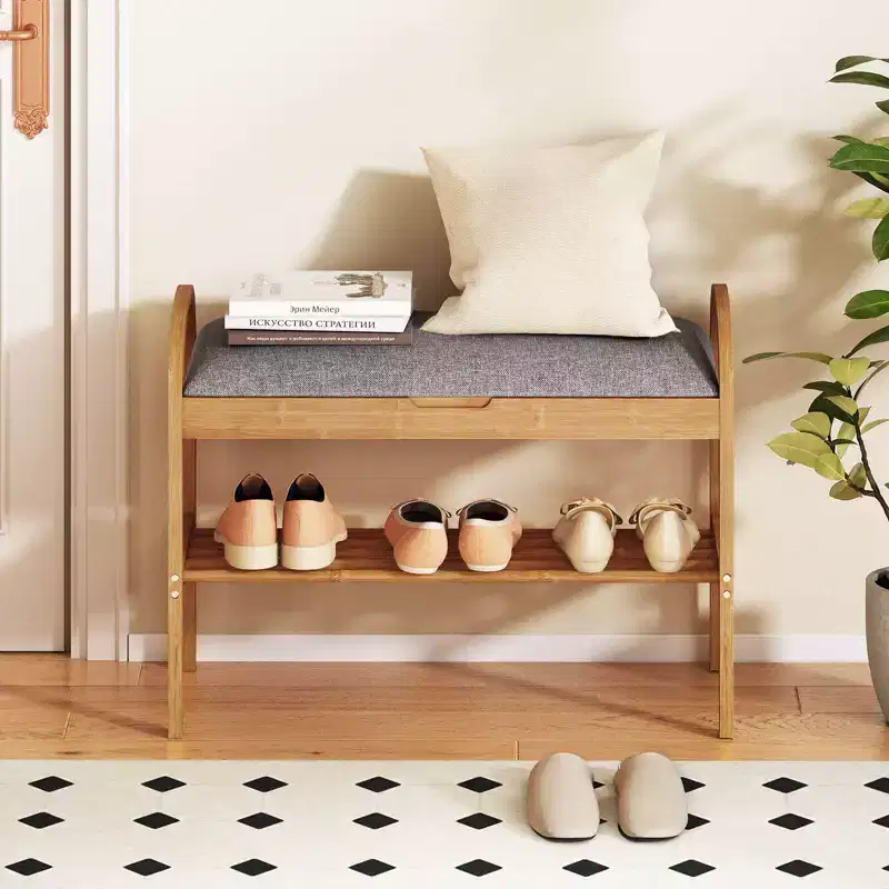 Bamboo Entryway Shoe Bench with Flip-Top Storage – 27.5