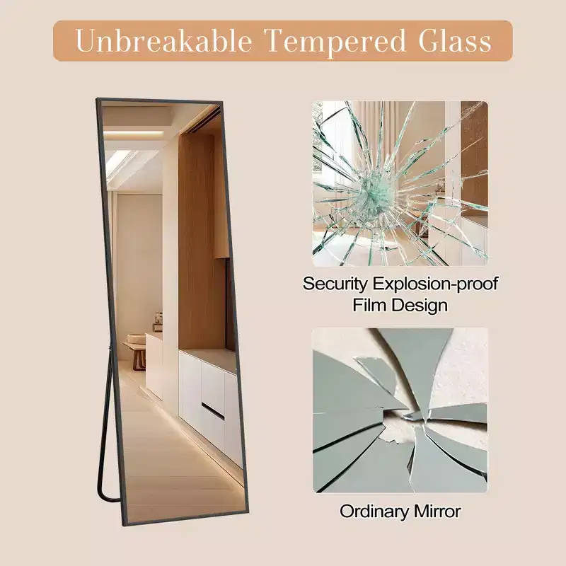 58 inch Modern Rectangle Full Length Mirror Aluminum Alloy Floor Mirror with Stand Black