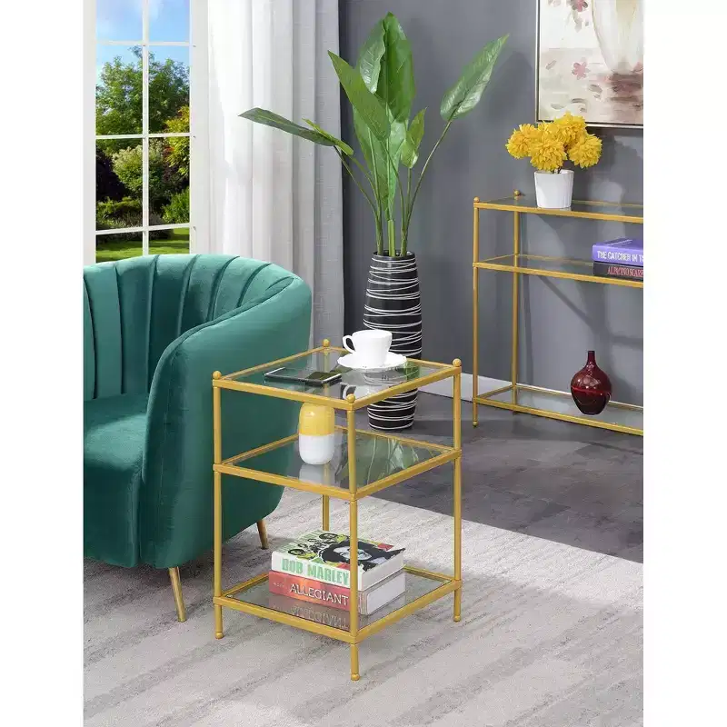 Square Glass Top End Table, Metal Frame, Gold or Medium Silver