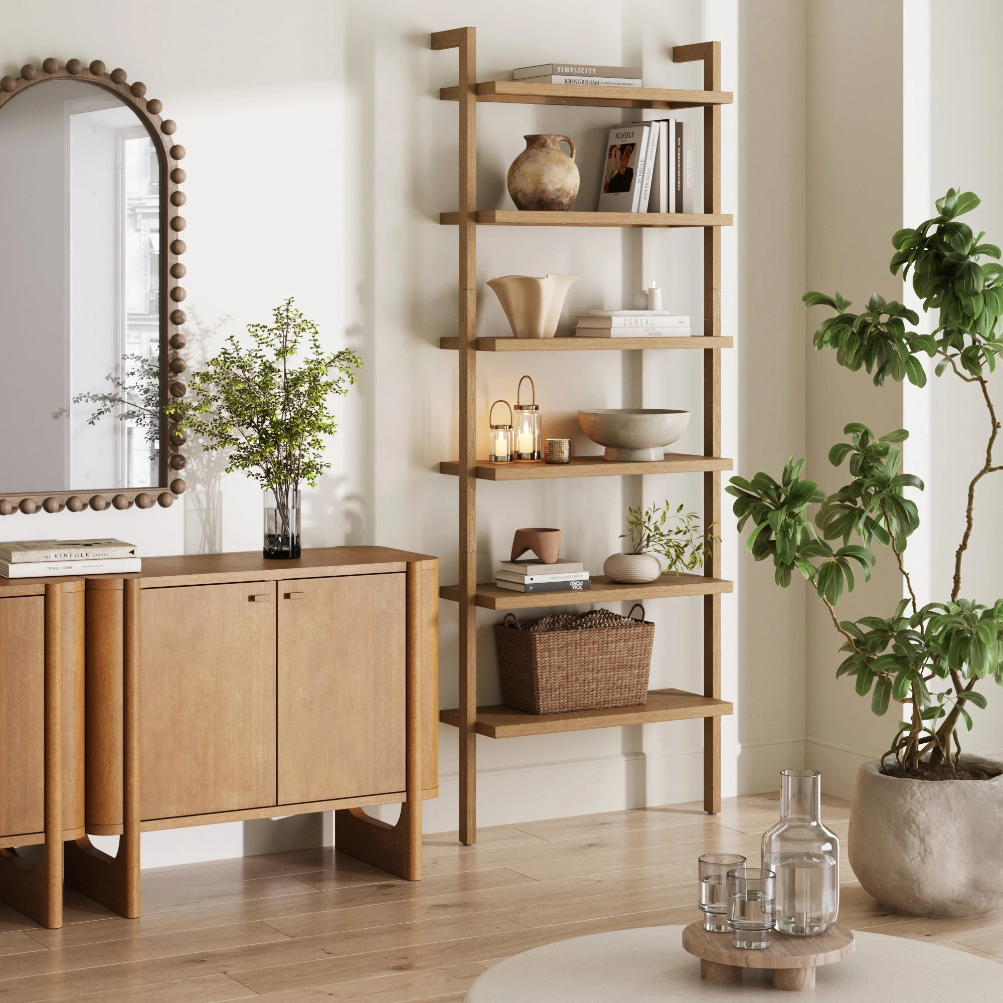 Modern 6-Shelf Wall Mounted Solid Wood Bookcase Light Brown