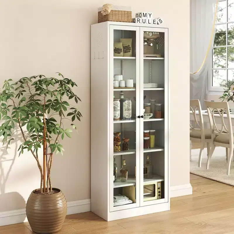 VIYET 72H Heavy-Duty Metal Kitchen Pantry Cabinet,5 Adjustable Shelves+Glass Doors,80LBS/Shelf Freestanding for Kitchen/Pantry/Bathroom(White)