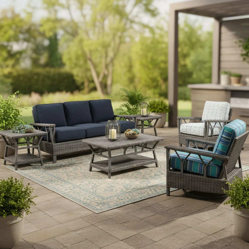 Outdoor Wicker Patio Lounge Chair with Navy Blue Cushions