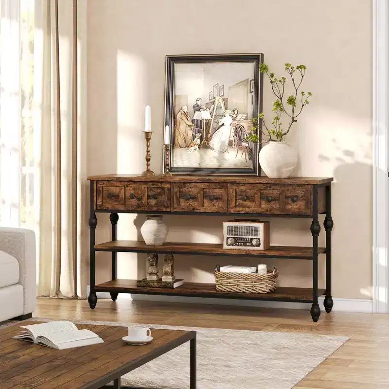 Console Sofa Table 53, Entryway Table with 3 Drawers, 3 Tier Sofa Table, Open Shelf Couch Table