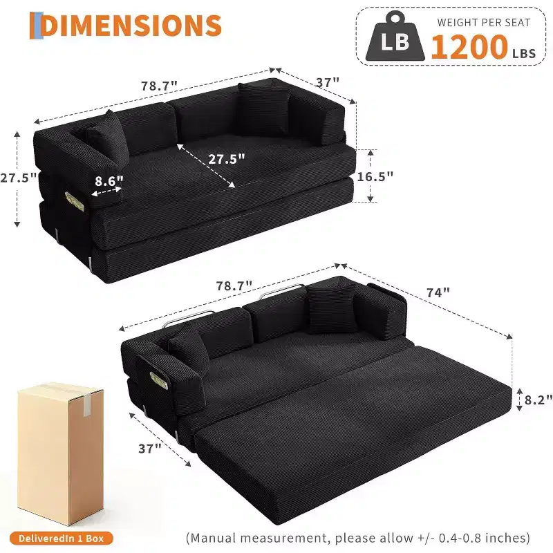 Convertible Corduroy Sofa Bed, Folding Floor Couch with Pillows, No Assembly Required for Living Room Bedroom Dorm