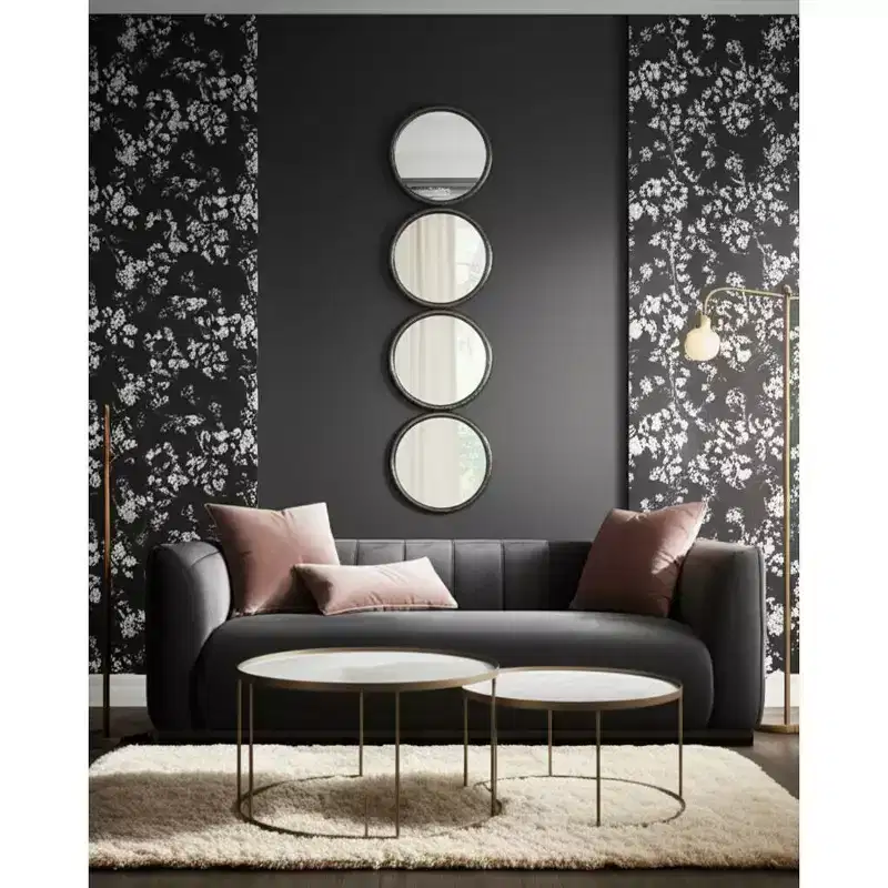 Modern Wall Mirror, Accent Mirror with Round Glass Panels, Wood & Metal Frame, Decorative Home & Office Decor for Living Room & Bedroom, 48 Black
