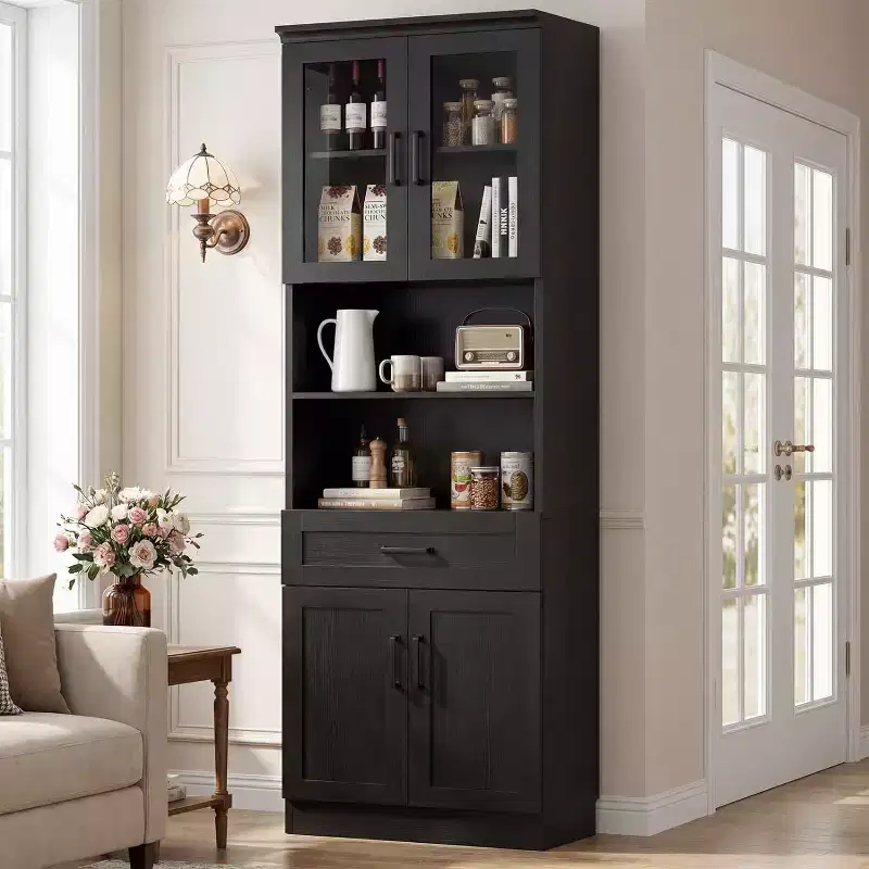 80'' Tall Kitchen Pantry Cabinet, Storage Bookcase with Glass Door and Wood Drawer