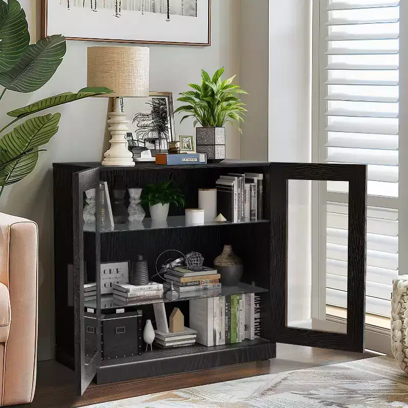 PexFix 31 Modern Wood Bookshelf Storage Cabinet with 2 Glass Door and Adjustable Shelf for Kitchen Bedroom Entryway Living Room Dinning Room Black