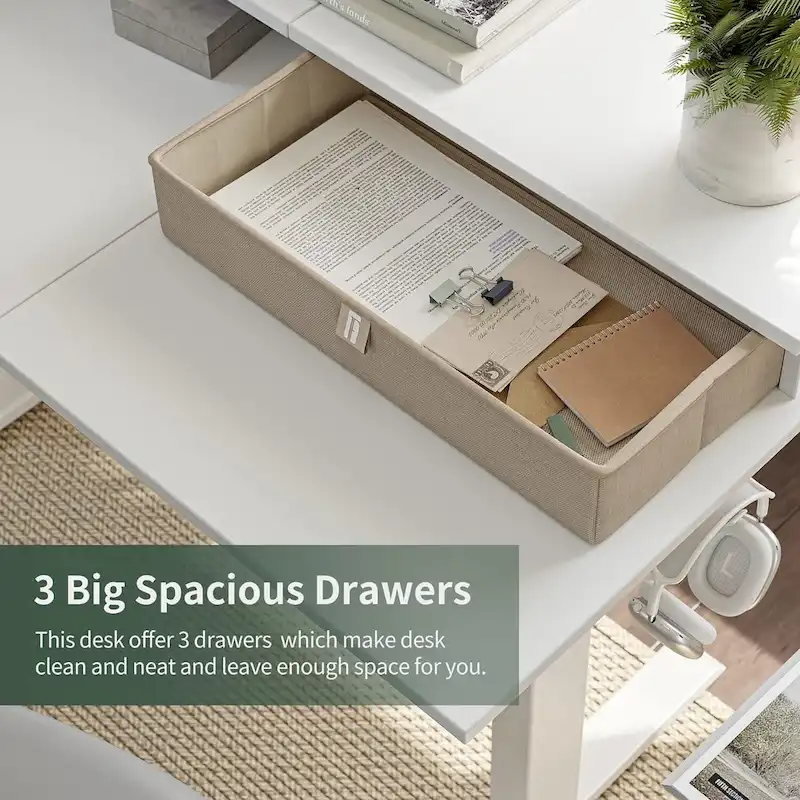 L-Shaped Electric Standing Desk with 3 Drawers & Lockable Casters, 63