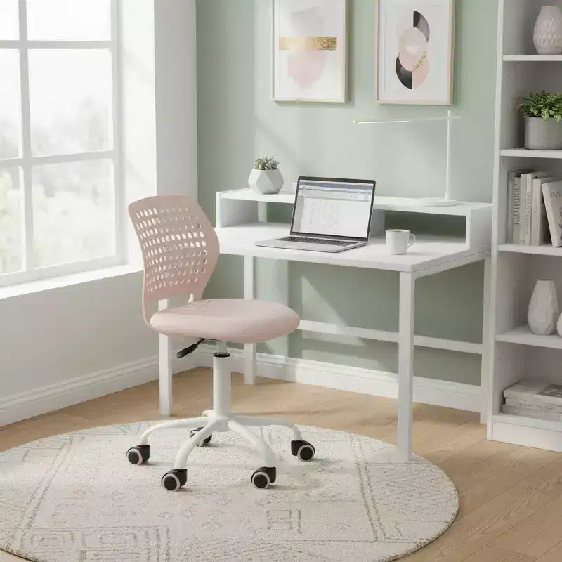 Armless Desk Chair with Rolling Wheels, Compact Adjustable Height Swivel Study Computer Task Chair with Breathable Back, Pink