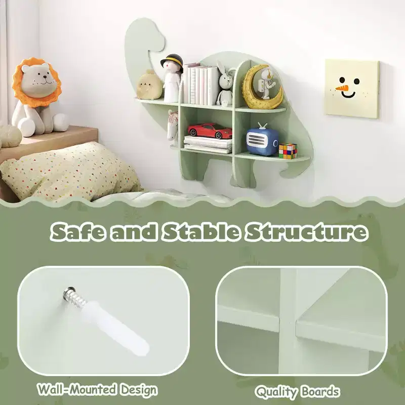Costway 2-Tier Floating Dinosaur Kids Bookshelf Wall-Mounted Nursery Book Shelf