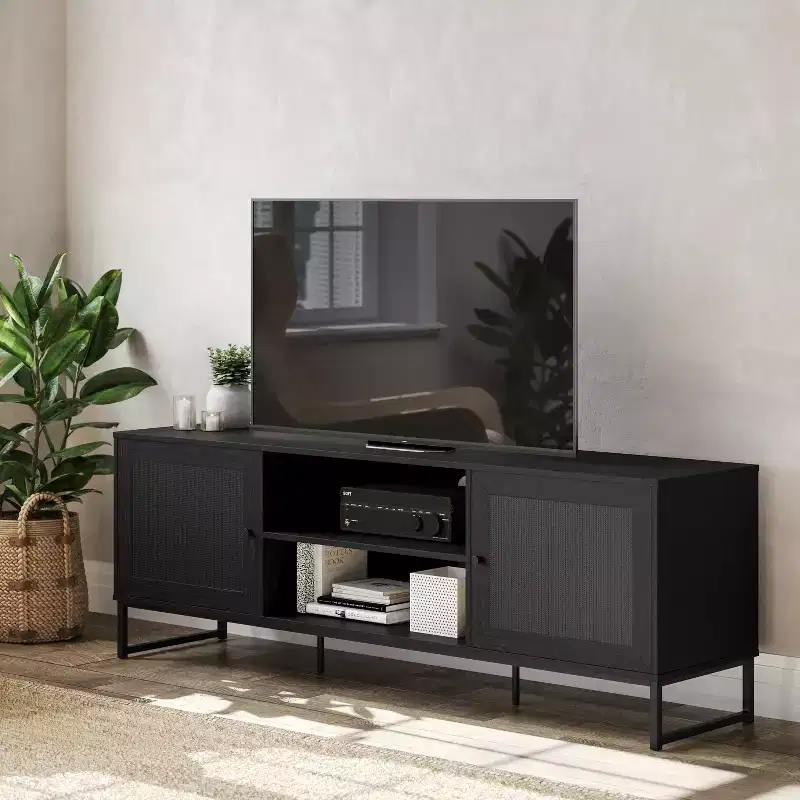 Mid-Century Modern 65 Inch TV Stand with 2 Rattan Soft Close Doors and Fixed Center Shelf, TV Stand for up to 70 TV's