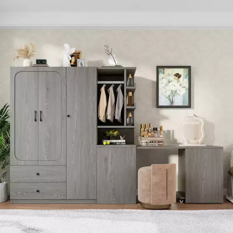 GDFStudio Phyllis Multifunctional Wooden Wardrobe with Convertible Desk