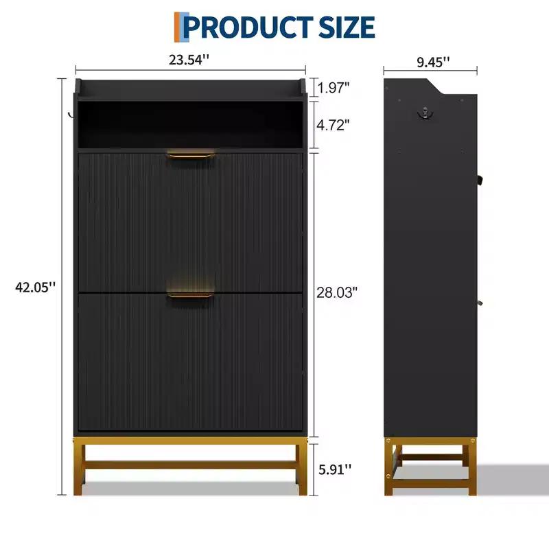 Shoe Cabinet with 2 Flip Drawers, Freestanding Narrow Shoe Storage Organizer for Entryway, Wooden Hidden Slim with Open Storage