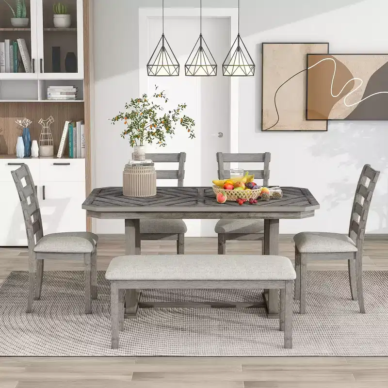GDFStudio Bennett 6 Piece Rubber Wood Dining Set with Artistic Wood Grain Tabletop and Cushioned Chairs