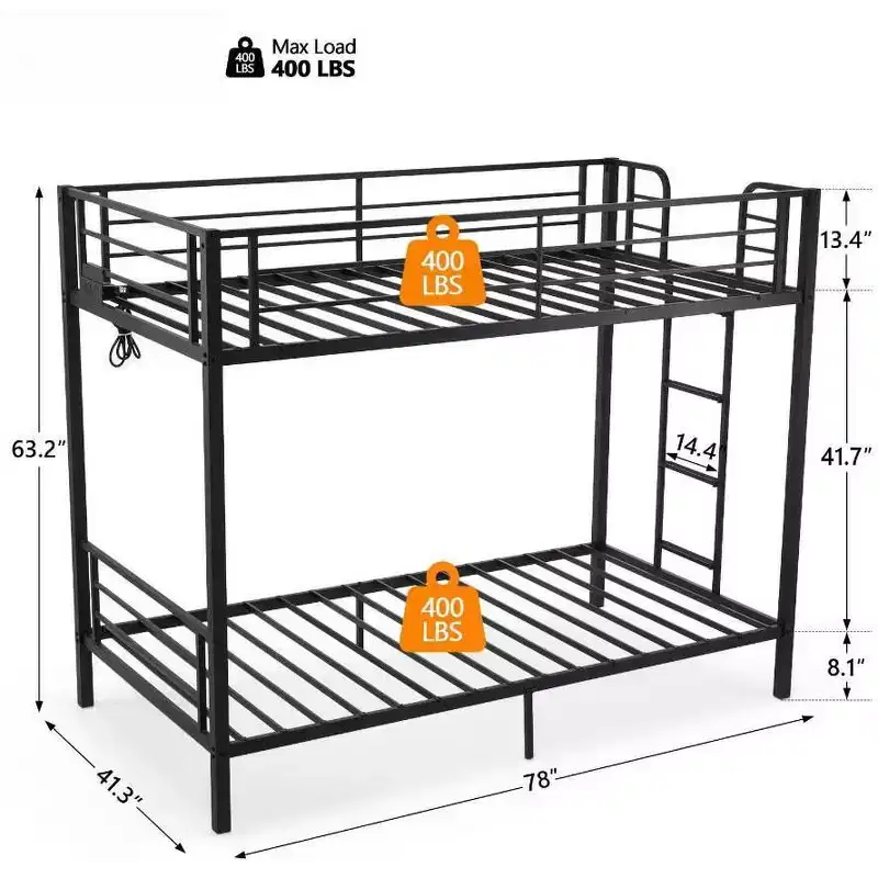 TwinoverTwin Metal Bunk Bed with Charging Station LED Light Black